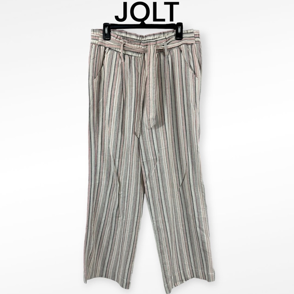 JOLT Wide Leg Linen Pants Palazzo Stripe Pink Gray Cream Size XL Beach L…